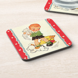 Vintage Boy Saving a Kitten from Racing Puppies Coaster