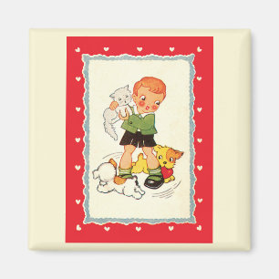 Vintage Boy Saving a Kitten from Racing Puppies Magnet