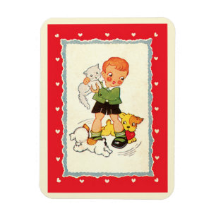 Vintage Boy Saving a Kitten from Racing Puppies Magnet