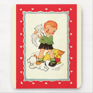 Vintage Boy Saving a Kitten from Racing Puppies Mouse Mat
