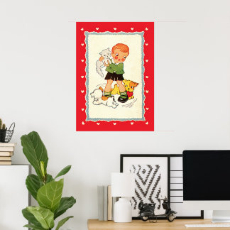 Vintage Boy Saving a Kitten from Racing Puppies Poster