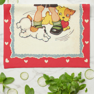 Vintage Boy Saving a Kitten from Racing Puppies Tea Towel