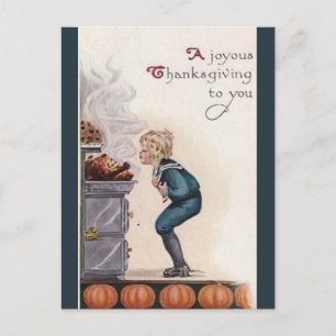Vintage Boy Sniffing Turkey Thanksgiving Postcard