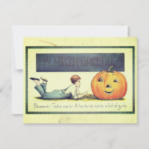Vintage Boy Talking to Jack-o-Lantern Halloween Postcard