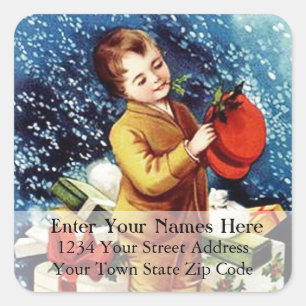 Vintage Boy With Christmas Gifts Address Label