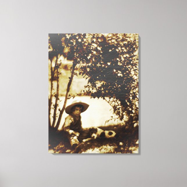 Vintage Boy With Dog At Rest Canvas Print (Front)