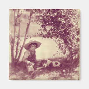 Vintage Boy With Dog At Rest Magnet