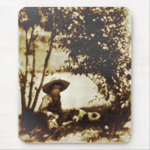 Vintage Boy With Dog At Rest Mouse Pad