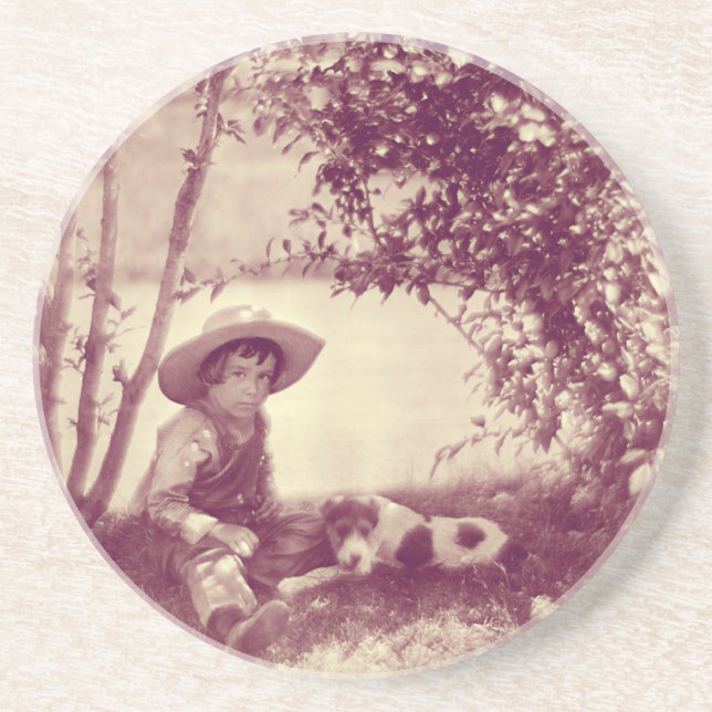 Vintage Boy With Dog At Rest Sandstone Coaster (Front)