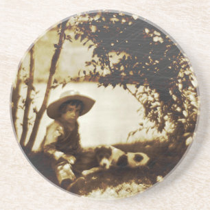 Vintage Boy With Dog At Rest Sandstone Coaster