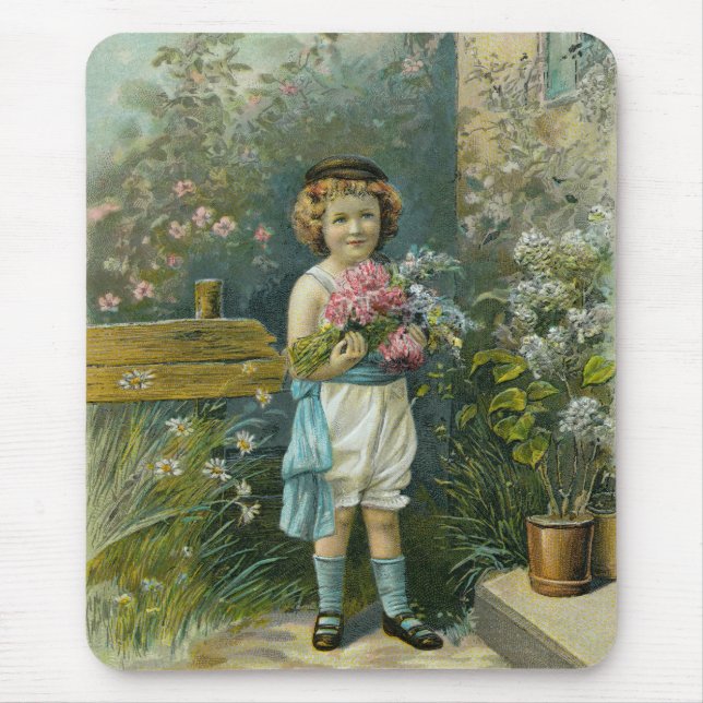 Vintage Boy With Garden Flowers Mouse Mat (Front)
