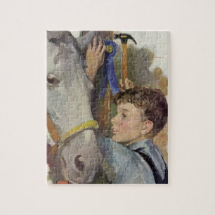 Vintage Boy with His Blue Ribbon Winning Horse Jigsaw Puzzle