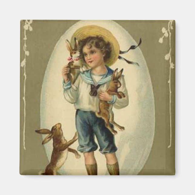 Vintage Boy With Rabbits Magnet (Front)