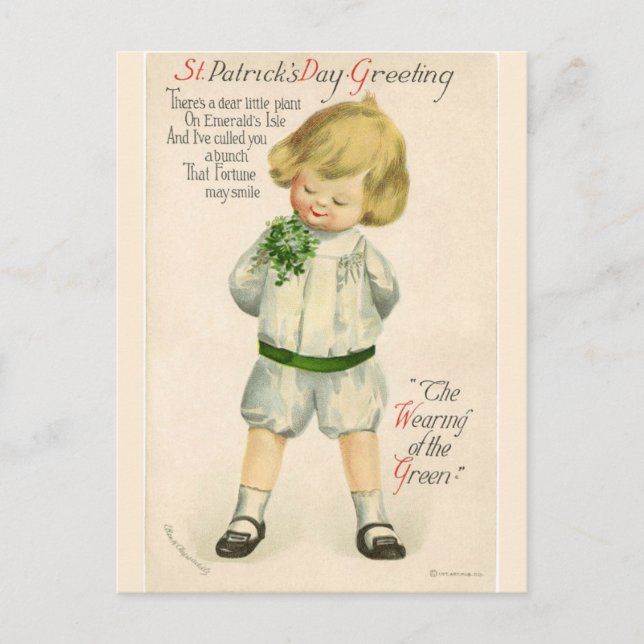 Vintage Boy With Shamrocks From Emerald's Isle Postcard (Front)