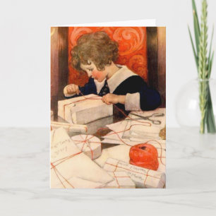 Vintage Boy Wrapping Gifts Holiday Card