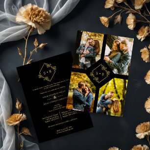 Vintage Branches Diamond Shape Golden 4 Photos Invitation