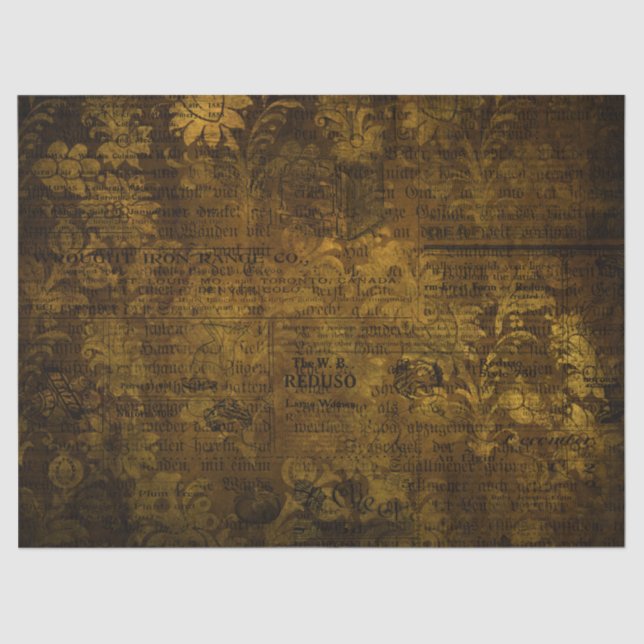 Vintage Brass Gold Grunge Damask Script Tissue Paper (Front)