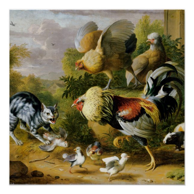 Vintage Brave Cat Among Roosters   Poster (Front)