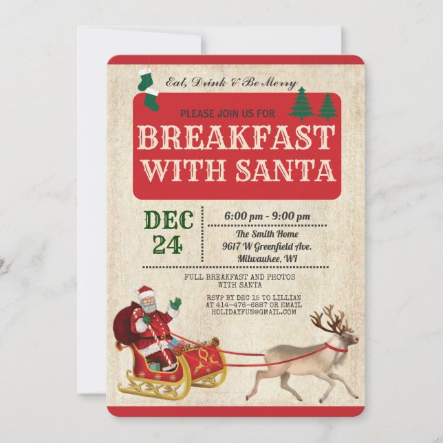 Vintage Breakfast with Santa Holiday Invitation (Front)