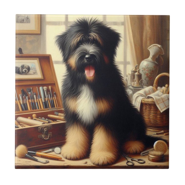 Vintage Briard Dog Painting Tile (Front)