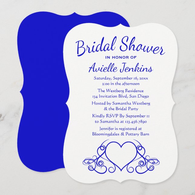 Vintage Bridal Shower Cobalt Blue & White Heart Invitation (Front/Back)