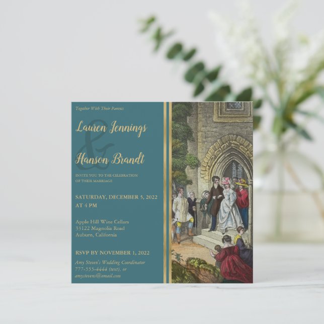 Vintage Bride and Groom Art Wedding Invitation (Standing Front)