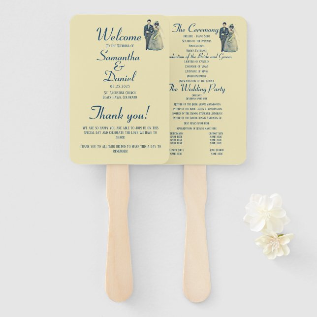 Vintage Bride Groom Wedding Ceremony Program Hand Fan (Front and Back)
