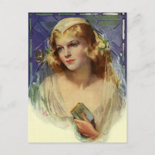 Vintage Bride holding a Bible, Religious Wedding Postcard