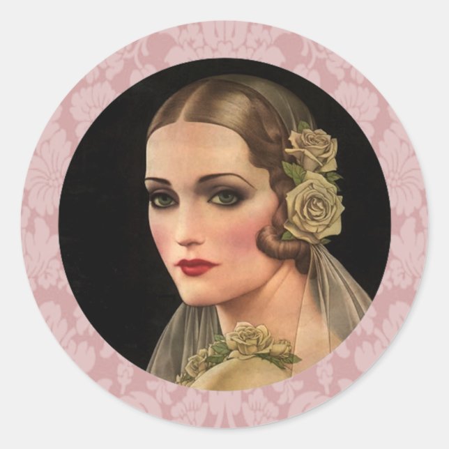 Vintage Bride with Roses Classic Round Sticker (Front)