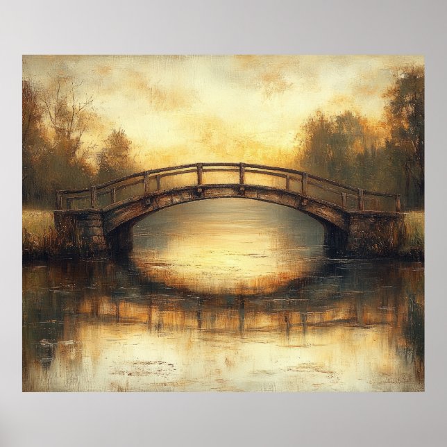 Vintage Bridge Over River Painting Countryside  Poster (Front)
