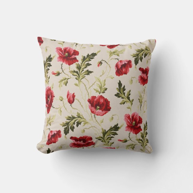 Vintage bright red poppies flower pattern  cushion (Front)