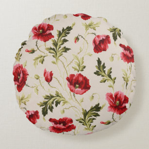 Vintage bright red poppies flower pattern round cushion