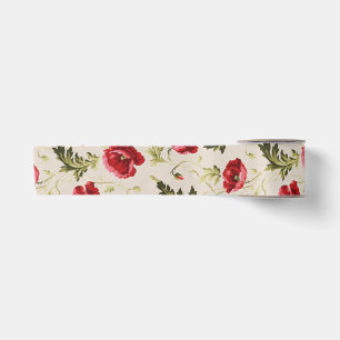 Vintage bright red poppies flower pattern satin ribbon