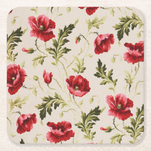 Vintage bright red poppies flower pattern square paper coaster