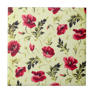 Vintage bright red poppies flower pattern tile