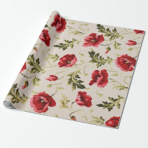 Vintage bright red poppies flower pattern wrapping paper