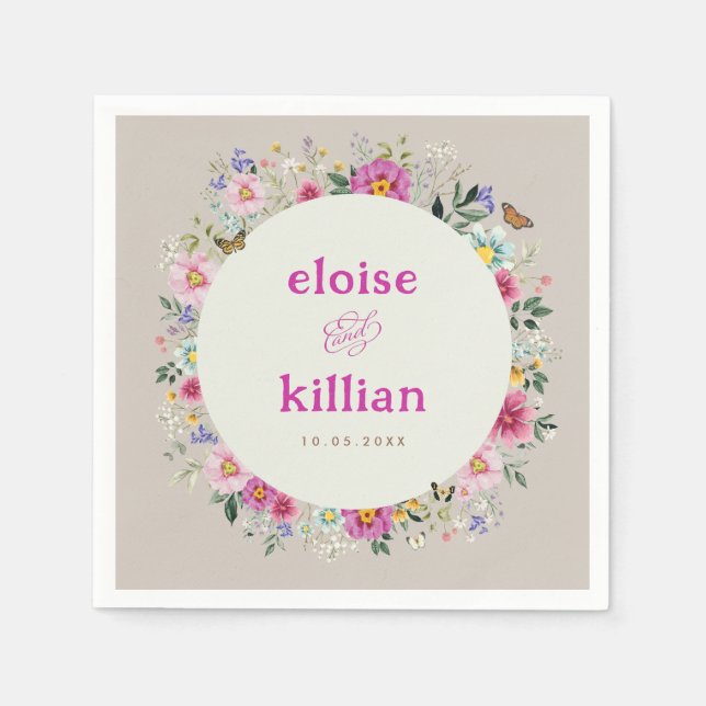 Vintage Bright Wildflowers Butterflies Wedding Napkin (Front)