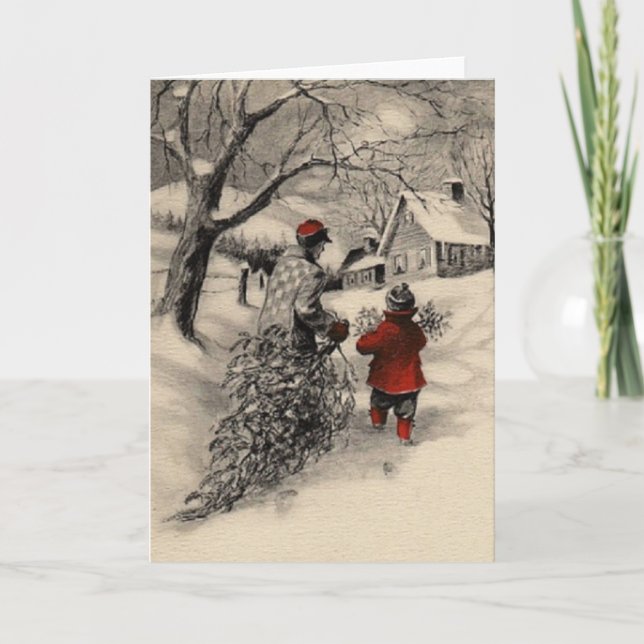 Vintage Bringing Home the Christmas Tree Card (Front)