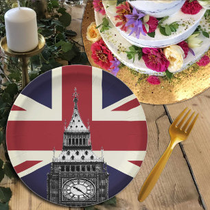 Vintage British Flag, Big Ben plates, London, UK Paper Plate
