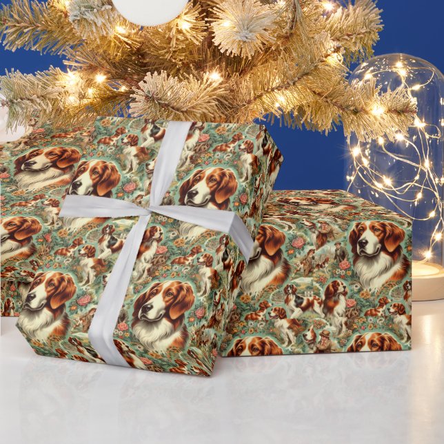 Vintage Brittany Dog Painting Wrapping Paper (Holidays)