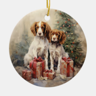 Vintage Brittany Spaniel Christmas Ceramic Tree Decoration