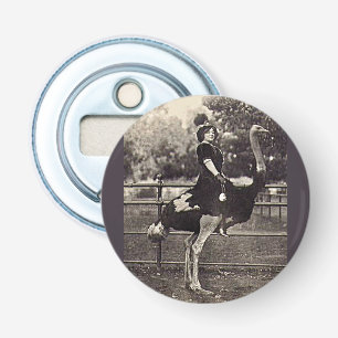 Vintage Broadway Actress Riding an Ostrich Bottle Opener