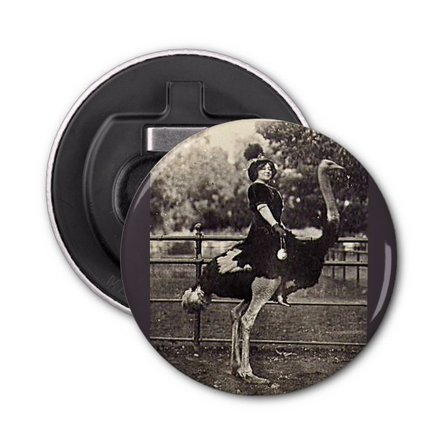 Vintage Broadway Actress Riding an Ostrich Bottle Opener (Front)