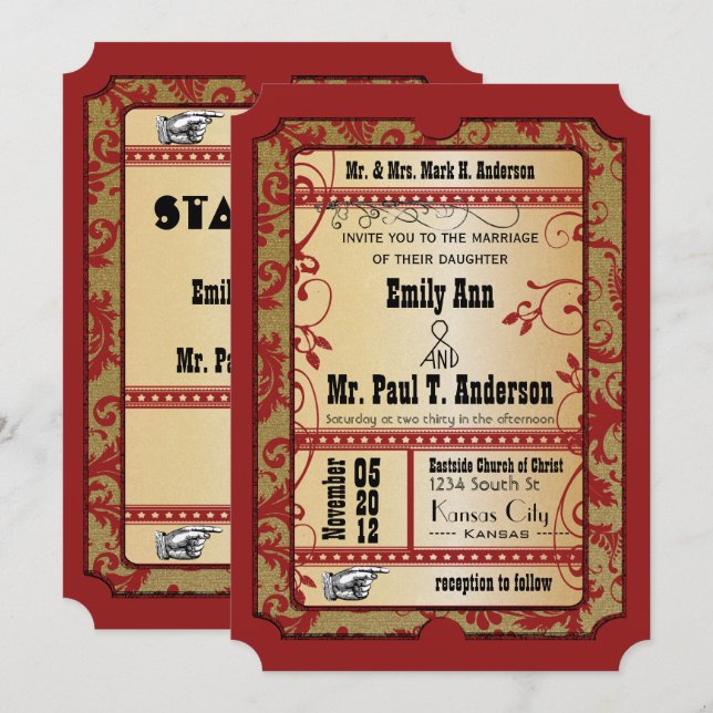 Vintage Broadway Red and Gold Movie Ticket Wedding Invitation (Front/Back)