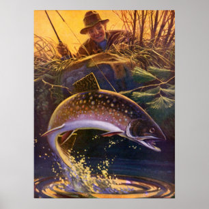 Vintage Brook Trout Fish Fisherman, Sports Fishing Poster