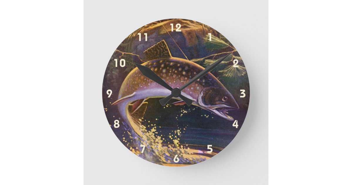 Vintage Brook Trout Fish Fisherman, Sports Fishing Round Clock | Zazzle