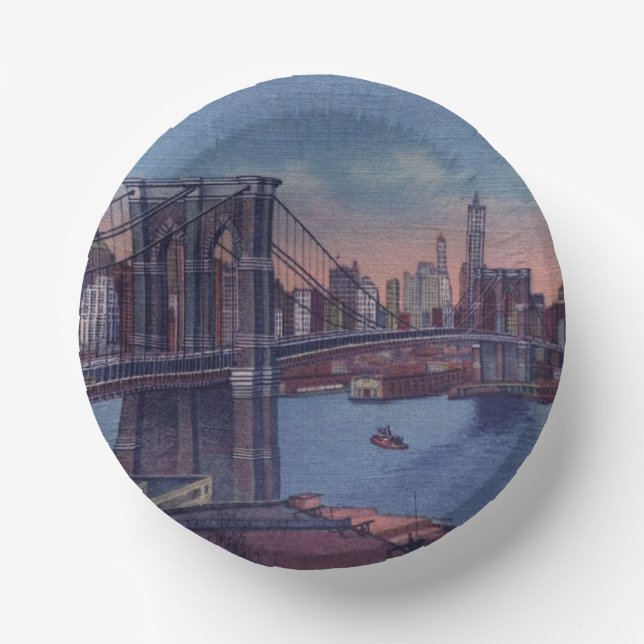 Vintage Brooklyn Bridge Art Painting Paper Plate (Front)