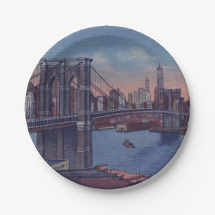 Vintage Brooklyn Bridge Art Painting Paper Plate