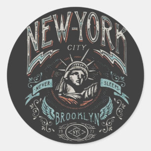 Vintage Brooklyn New York City Nyc Basic Dark Classic Round Sticker