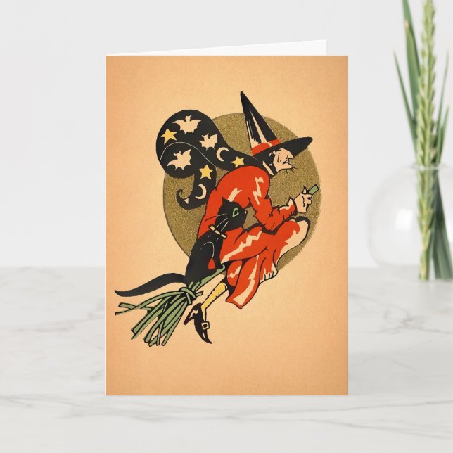 Vintage Broom Witch Halloween Card (Front)